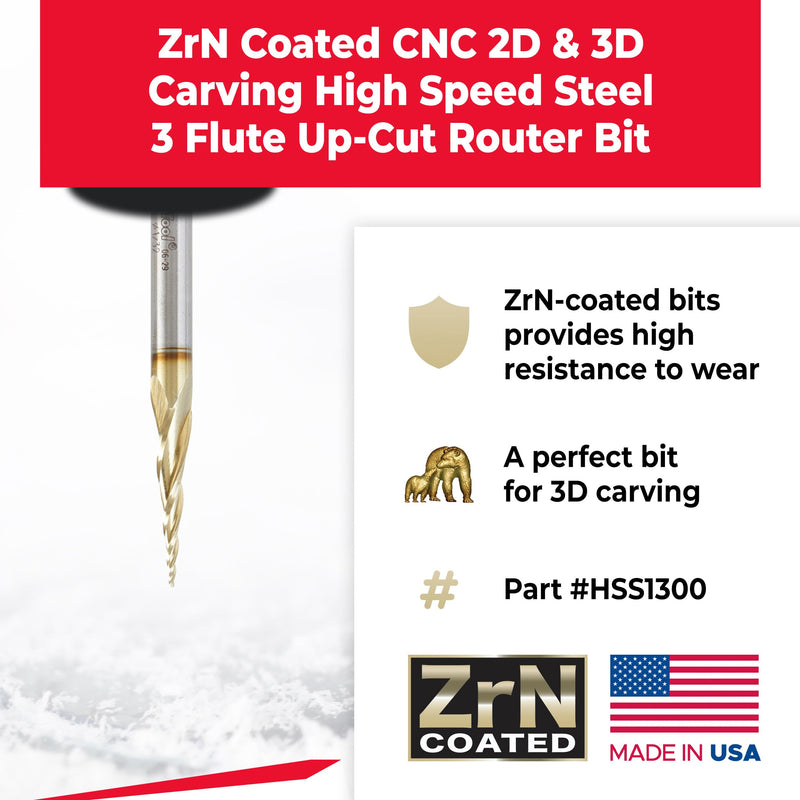 Amana Tool CNC 2D and 3D Carving Ball Nose Tapered Angle Router Bit (HSS), ZrN Coated, HSS1300, 6.2 Deg 1/32 D x 1/64 R x 1 x 1/4 Shk x 3 Inch L x 3 F