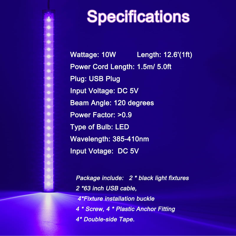 Black Light Bar, 10W 1ft Black Light for Cabinet, USB UV Black Light Fixture for Fluorescent Tapestry Poster, Body Paint, Halloween Decorations, Christmas Party, with On/Off Switch (2-Pack) Upgraded-10W-2Pack
