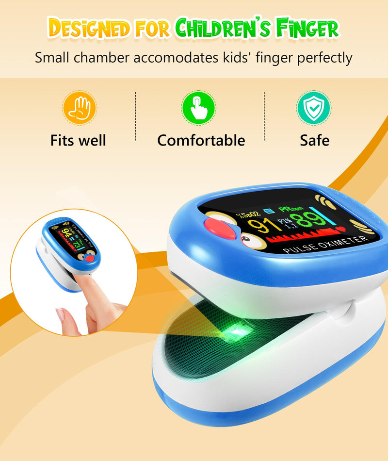 Pediatric Pulse Oximeter, Rechargeable Oximeter for Kids, Baby Oxygen Monitor, Blood Oxygen Saturation, Pulse Rate Monitor, Cute Cartoon Design, USB-C Charging (Blue)