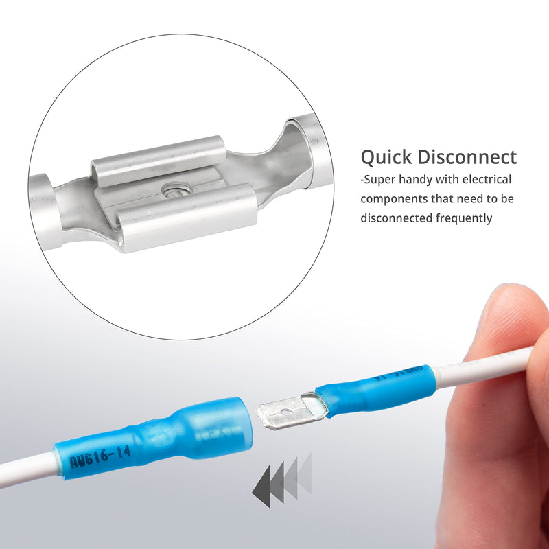 Wirefy 150 PCS Wire Spade Connectors - Female Spade Connector Heat Shrink - Quick Disconnect Wire Connectors - Electrical Spade Terminals - Female Spade Connector 16-14 Gauge | Blue Spade Connectors