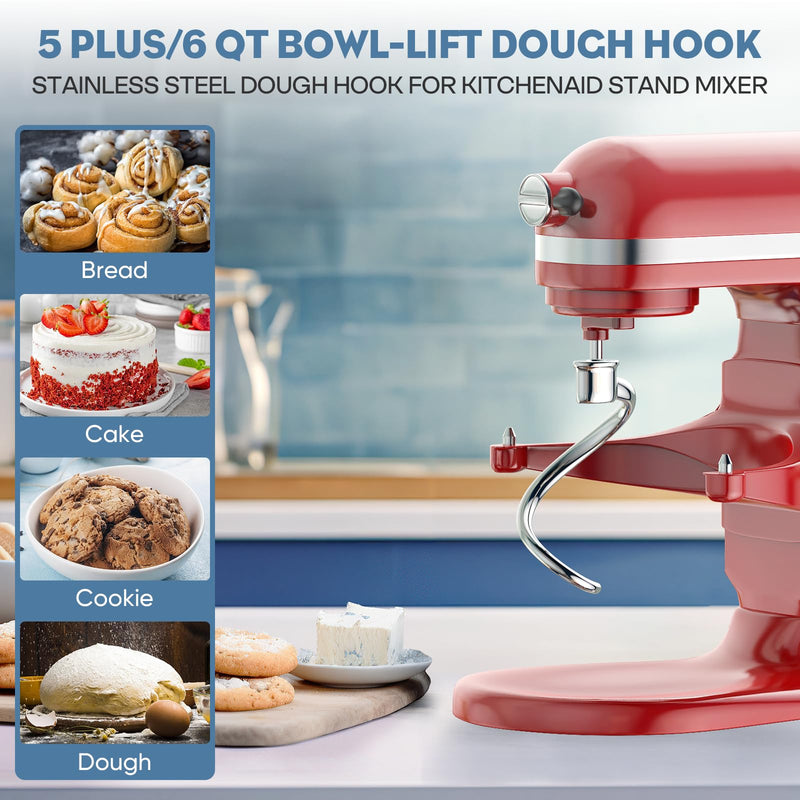 Stainless Steel Spiral Dough Hook for Kitchenaid 5Plus & 6QT Bowl-Lift Stand Mixers, Dough Hook for Kitchenaid Stand Mixer Dishwasher Safe, Efficient Kneading for Bread, Pizza, Pasta, Cookies 5Plus & 6QT Dough Hook