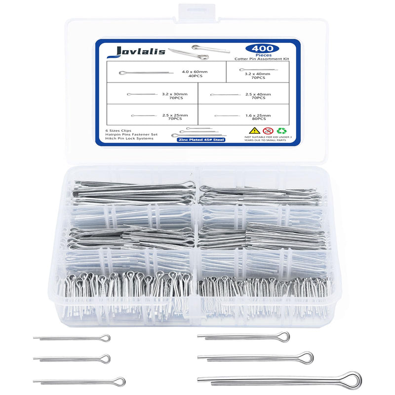 Cotter Pin Assortment, 400 PCS Hairpin Cotter Pins, Split Pin Fastener Clips, Straight Hairpins, Holds Pins or Castle Nuts in Place (Zinc Plated Steel) 400PCS Hairpin Cotter Pins