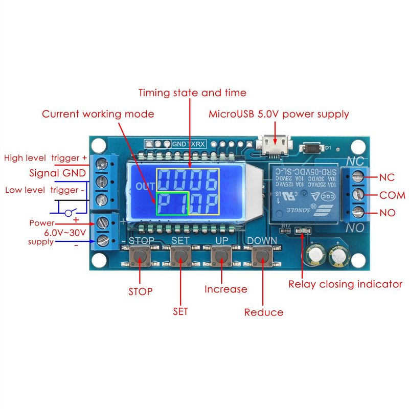 DROK Timer Relay, Time Delay Relay DC 5V 12V 24V Delay Controller Board Delay-off Cycle Timer 0.01s-9999mins Trigger Delay Switching Relay Module with LCD Display Support Micro USB 5V Power Supply 1pcs Blue