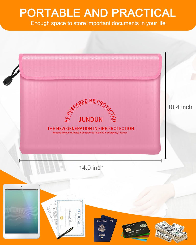 JUNDUN Fireproof Document Bag with 5200℉ Heat Insulated,14.0”x10.4” Waterproof and Fireproof Money Bag,8 Layers Thickened Fire Safe Storage Bag Pouch with Zipper for Document,Money and Cash,Pink Pink Large