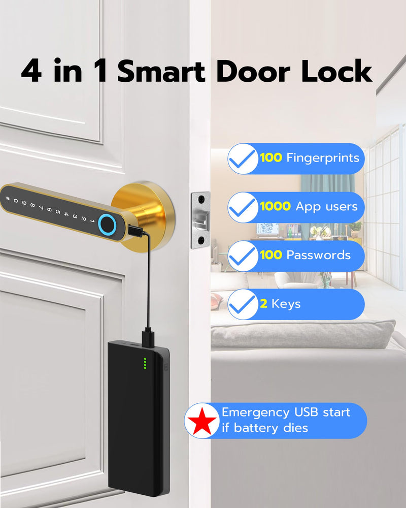 Fingerprint Handle Door Lock Smart Door Lock Levers eLinkSmart Digital Keyless Entry Door Knob Watch App Open Knob Lock for Bedroom Gold
