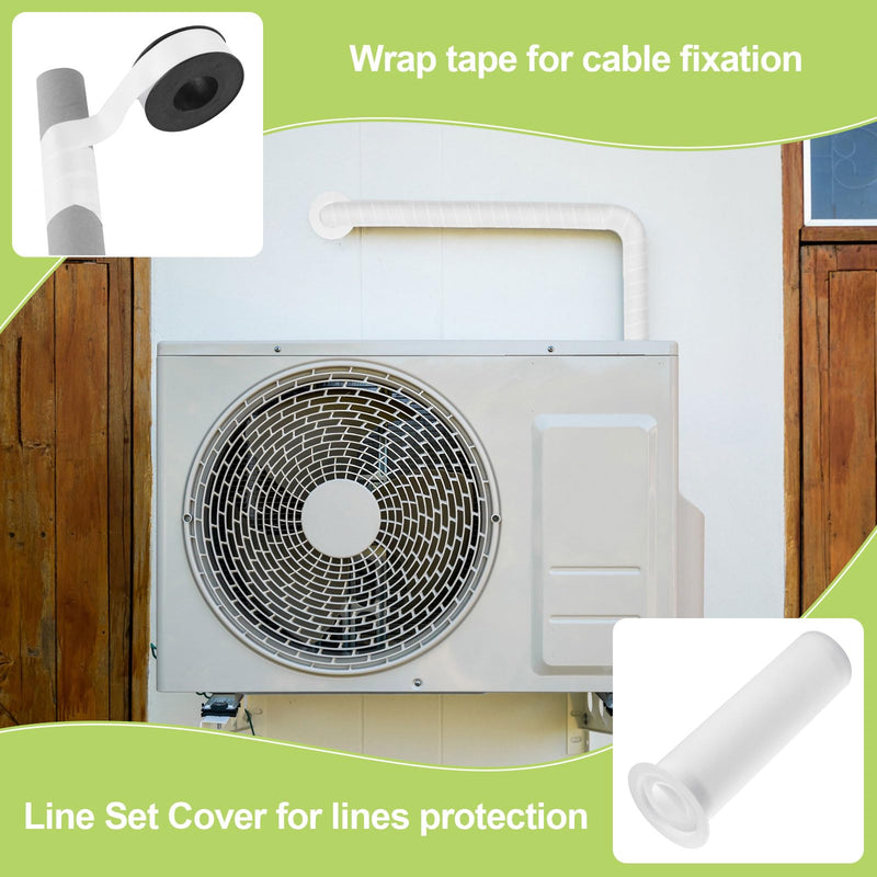 Air Conditioning Line Set Protector Including 2Pcs Mini Split Cover, 1Pcs 8.5in Length AC Sleeve for Through The Wall, and 1 Roll Wrap Tape (White) White-1 set