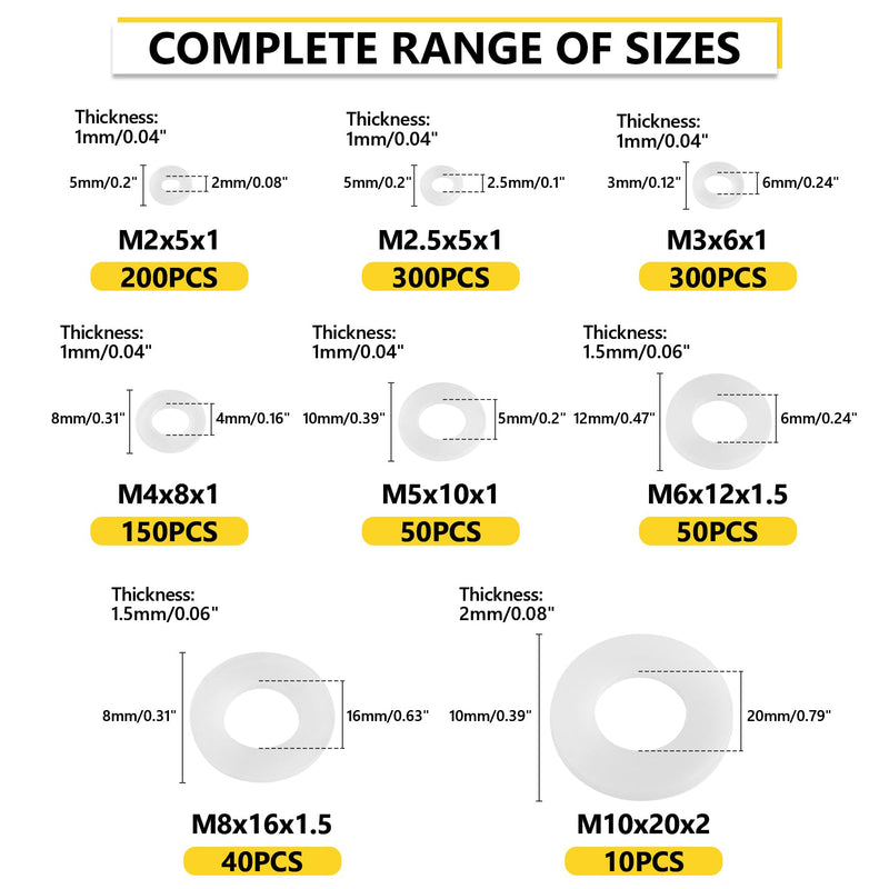 1200Pcs Nylon Flat Washers for Screws Bolts, White Plastic Washers, 9 Sizes Plastic Washers, Assorted Washers Kit (M2 M2.5 M3 M4 M5 M6 M8 M10) for Household & Commercial White Nylon Flat Washers-1200pcs