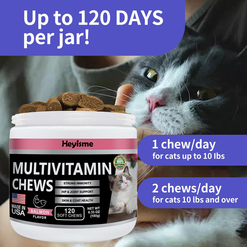 Lysine Supplement for Cats, Cat Treats for Sneezing and Runny Nose, Cat Cold, Cat Immune Support, Eye Function, and Respiratory Health, L-Lysine Cat Vitamins for Cats (Salmon, 120 Chews)