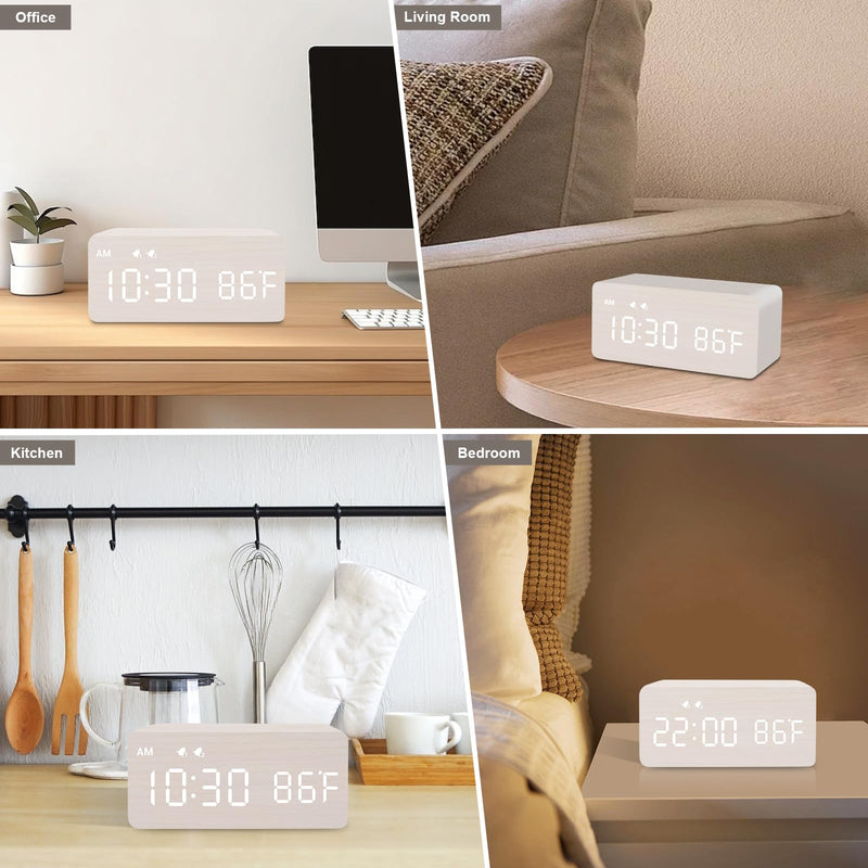 MOSITO Digital Wooden Alarm Clock with Wireless Charging, 0-100% Dimmer, Dual Alarm, Weekday/Weekend Mode, Snooze, Wood LED Clocks for Bedroom, Bedside, Desk, Kids (White) White