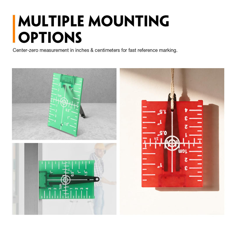 Laser Target Plate Card Set, 4-Pack Magnetic Floor Laser Target with Stand, Green and Red Laser Plates Enhances Visibility 1.3X, Dual Scale Alignment for Rotary & Cross Line Laser Level