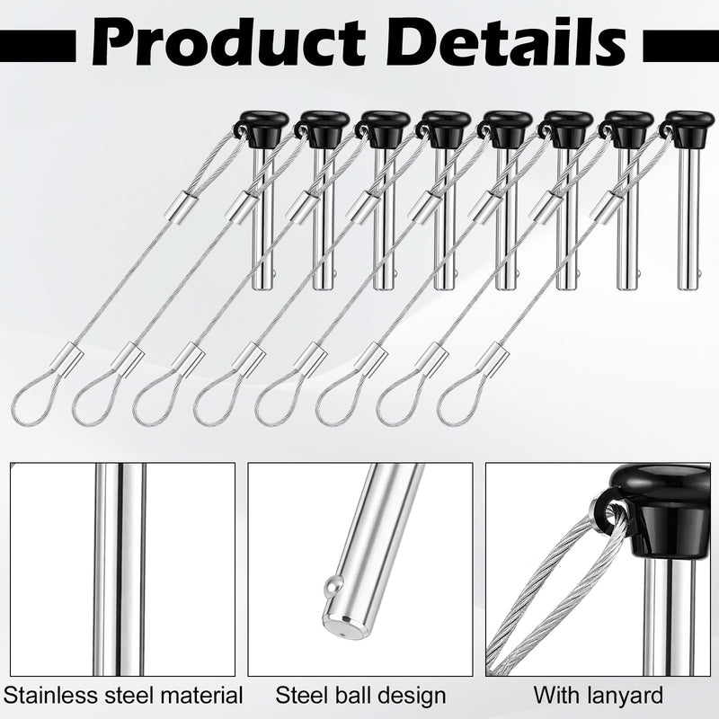 8 Pcs Boat Bimini Top Pins 3/16 Inch Black Quick Release Pull Pins Stainless Steel with Lanyard for Boat Bimini Top Ball Socket Deck Hinges and Marine Hardware
