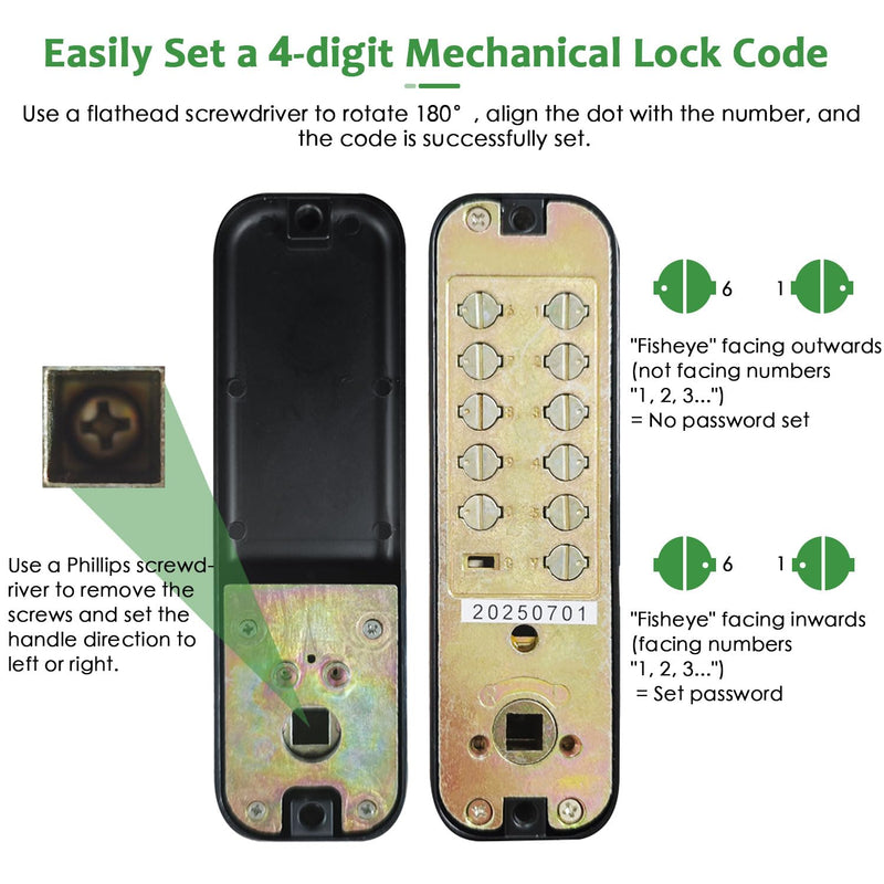 High-Security 12 Digit Keypad Mechanical Door Lock - Keyless Entry, Mechanical Code Lock with Handle, Waterproof & Rustproof, No Battery, Easy to Install, BH-MDLS0020202 Matte Black