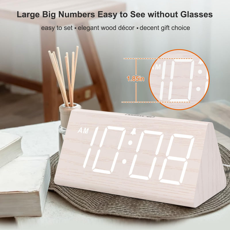DreamSky Wooden Digital Alarm Clock for Bedroom - Living Room Desk Clock with Large Numbers, Bedside Nightstand Clock with USB Port, Adjustable Volume, Dimmer, DST, Office Wood Décor, Adapter Powered White (Plug-in)