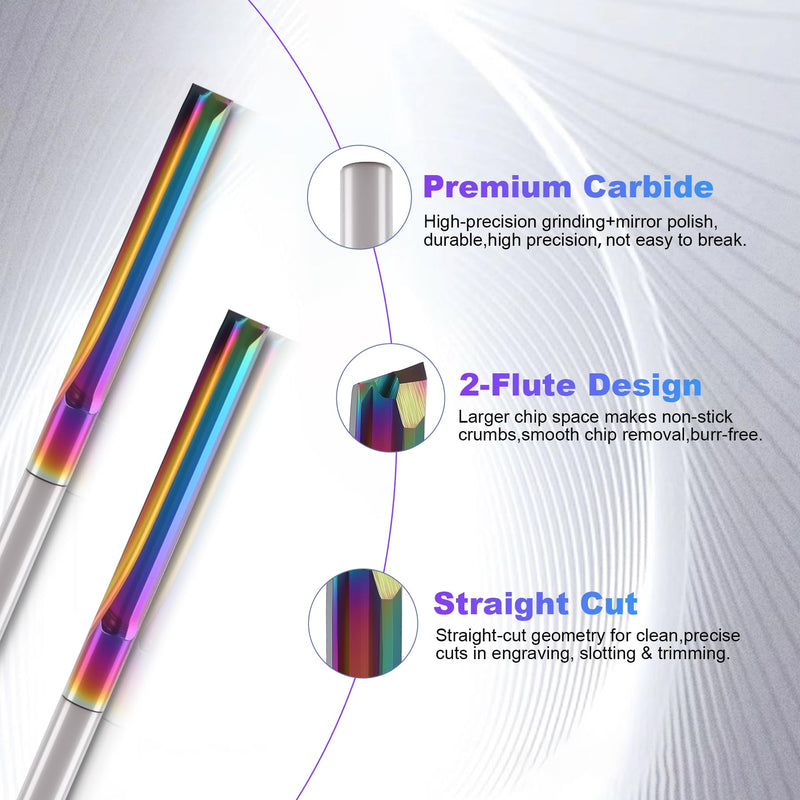 10 Pcs CNC Straight Router Bits 1/8 inch Shank, 2-Flute Carbide Straight Milling Cutter with DLC Coating, 22mm CEL/45mm OAL, CNC Milling Cutting for MDF, PVC, Acrylic, Chipboard & Woodworking