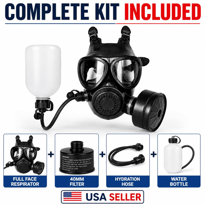 Full Face Respirator Mask with 40mm Filter & Hydration Kit
