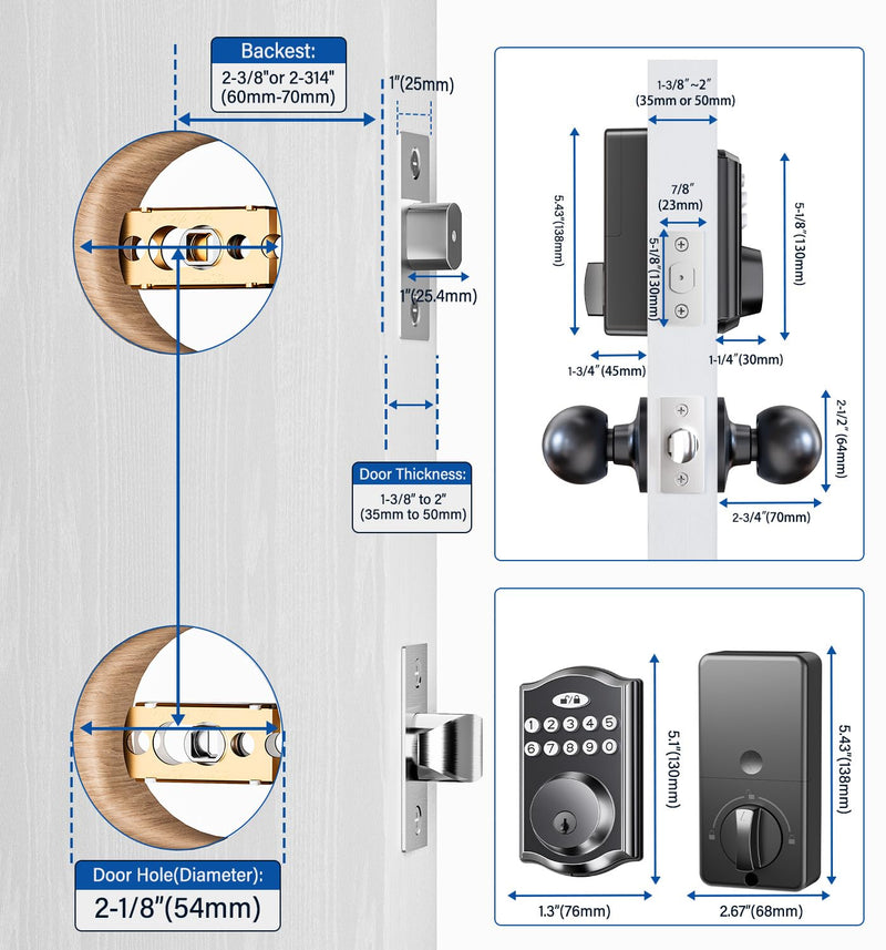 Keyless Entry Door Lock with 2 Knobs, Electronic Backlit Keypad Deadbolt with Handle Set, Auto Lock, One-time Codes, Smart Deadbolt for Front Door, Easy Installation (Matte Black) Matte Black