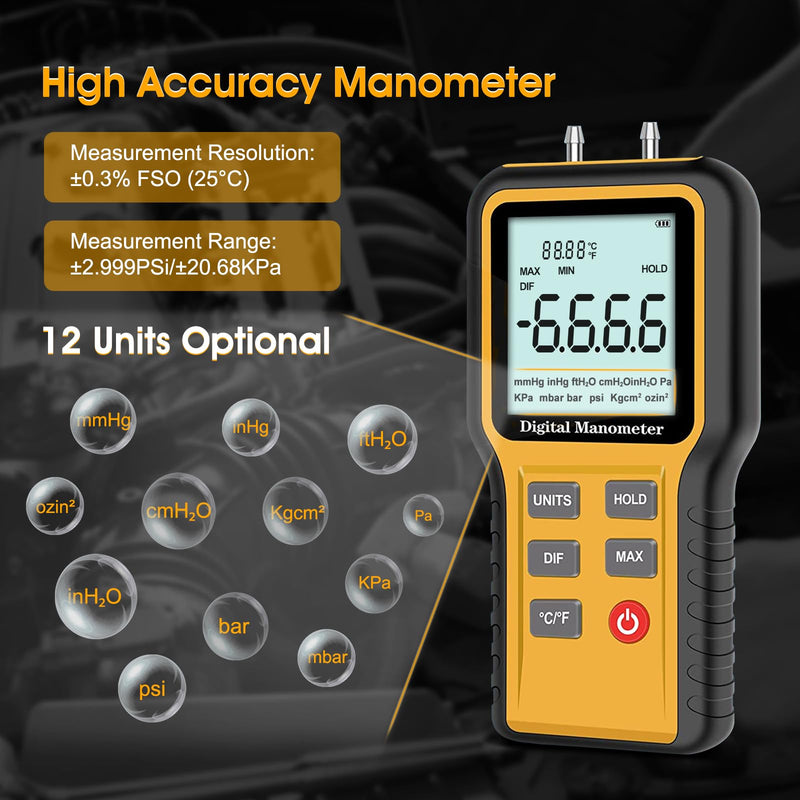 Digital Manometer Gas Pressure Tester with ±0.3% FSO Resolution, Differential Pressure Gauge with 12 Optional Units, Portable Air Pressure Gauge with LCD Backlight. YF-E2-QX1201