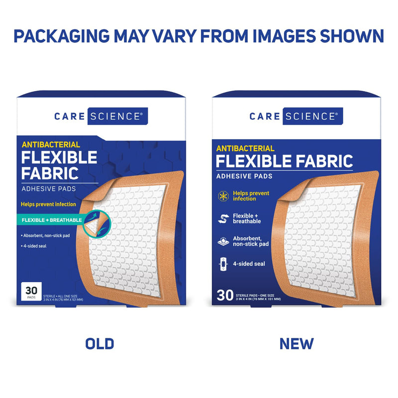 Care Science Fabric Adhesive Pad Bandages, 3x4 inches Extra Large Flexible Non-Stick Strip, Helps Prevent Infection, Breathable Protection, for First Aid & Wound Care, 30 Count