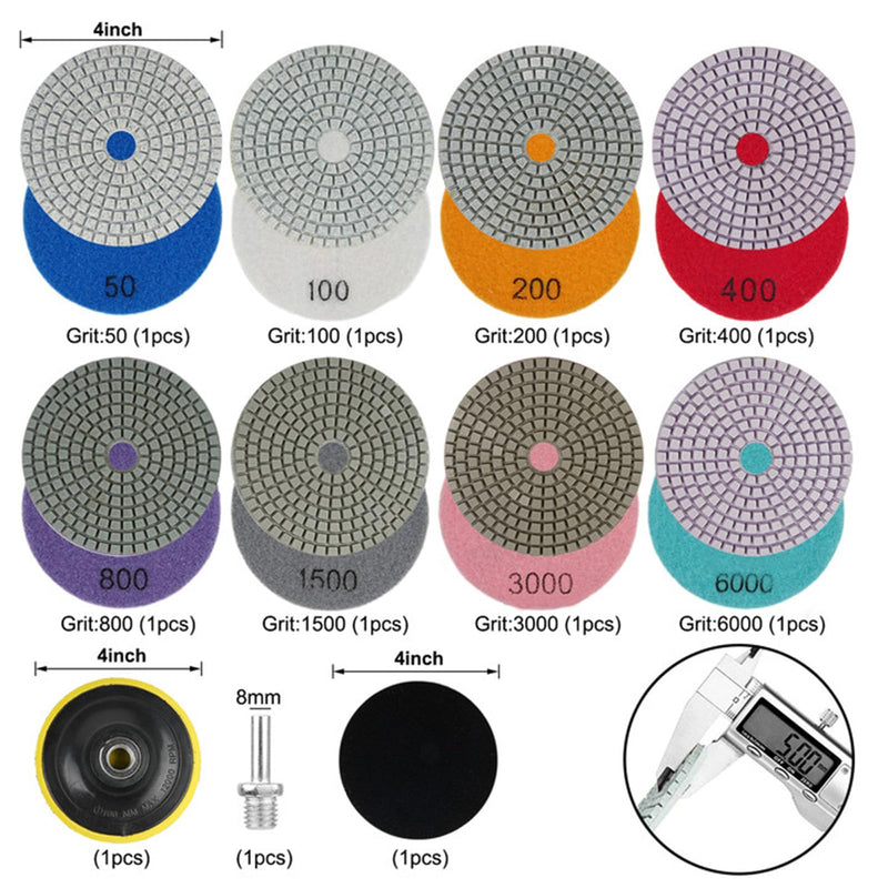 11 Packs 4 Inch Diamond Concrete Polishing Kit, 50-6000 Grit Wet/Dry Diamond Polishing Pad with Wool Disc, 5/8’’-11 Backer Pad and Drill Adapter for Granite Marble Concrete Stone Tile Polish