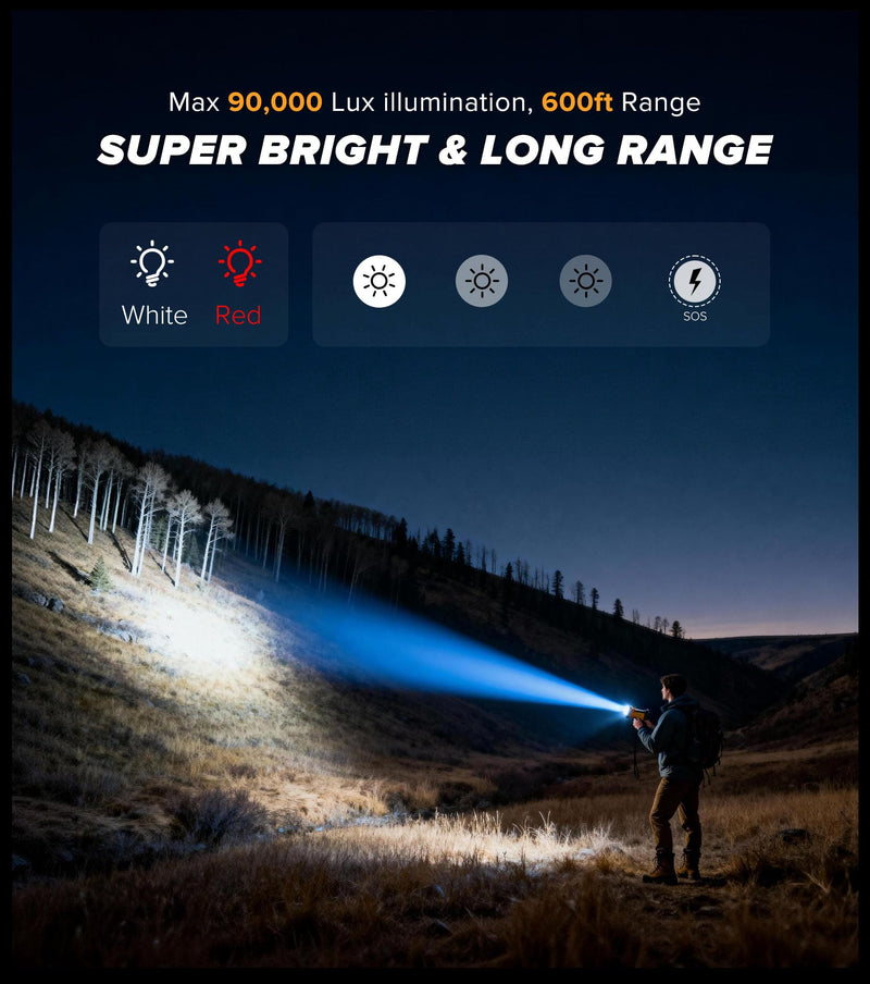 LUTEC 2 Pack Rechargeable Spotlight Flashlight 90,000 Lux Super Bright, IP67 Waterproof Rechargeable Spotlights Handheld with 4 Modes Search Light with Foldable Stand and Red Light Filter (Orange) Orange