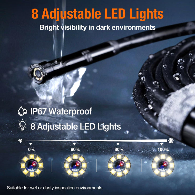 Borescope Camera with Light, 4.3" IPS Screen Endoscope, No Phone No App Inspection Camera with Light, 16.4ft Semi-Rigid Cable, 8LED Industrial Endoscope with 32GB Card for Auto, Pipe & Home Inspection