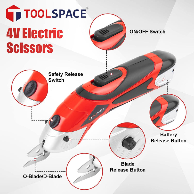 Cordless Electric Scissors with Two Blades, TOOLSPACE Electric Cardboard Cutter Electric Fabric Scissors for Cutting Fabric, 4V Lithium-Ion Rechargeable Battery, Easy Carry and Fast Charging Red/Black