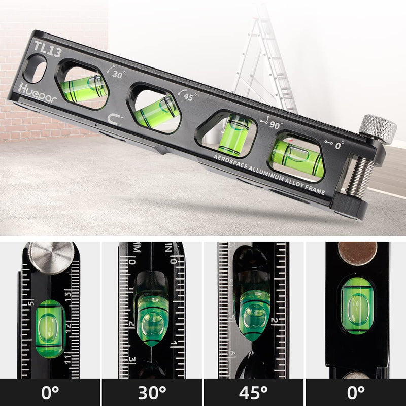 Huepar Torpedo Level, Magnetic Conduit Level with 4 Vials, 6.2 inch Aluminum Alloy Construction Spirit Level with V-Groove and Magnet Track, High Precision Bubble Level, Double Scale, Thumb Screw-TL13