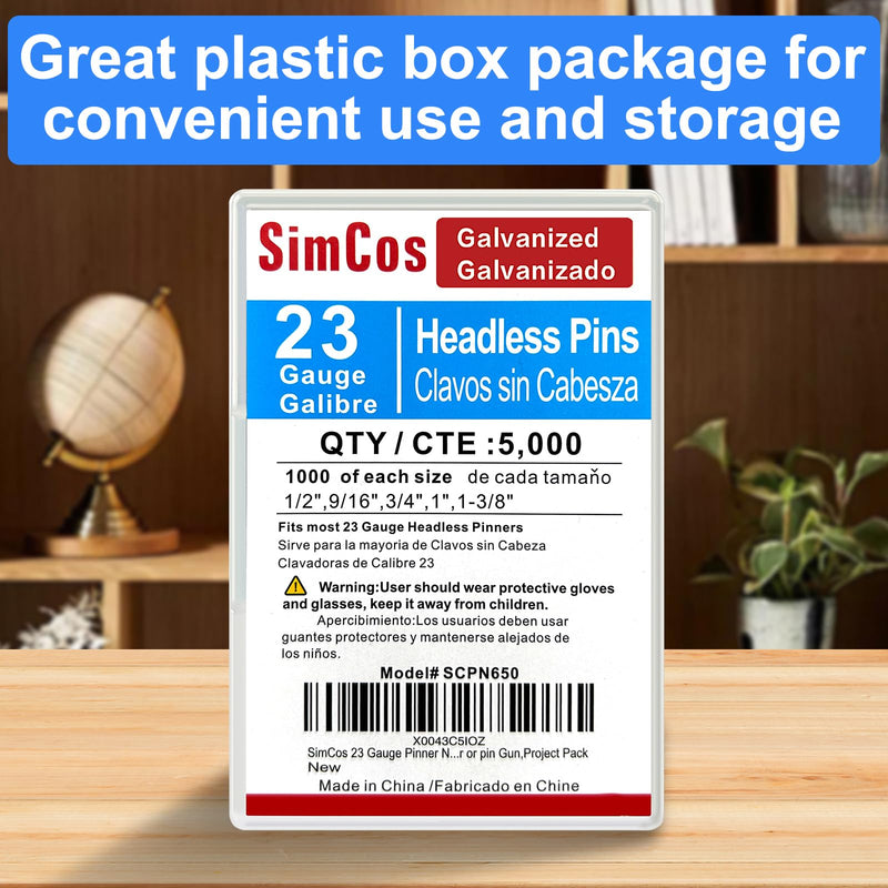 23 Gauge Pinner Nails (1/2",9/16",3/4",1",1-3/8") 5000 pcs Assorted 5 Sizes' Headless Pin Nails for 23 GA Pneumatic or Electric Pinner or pin Gun,Project Pack