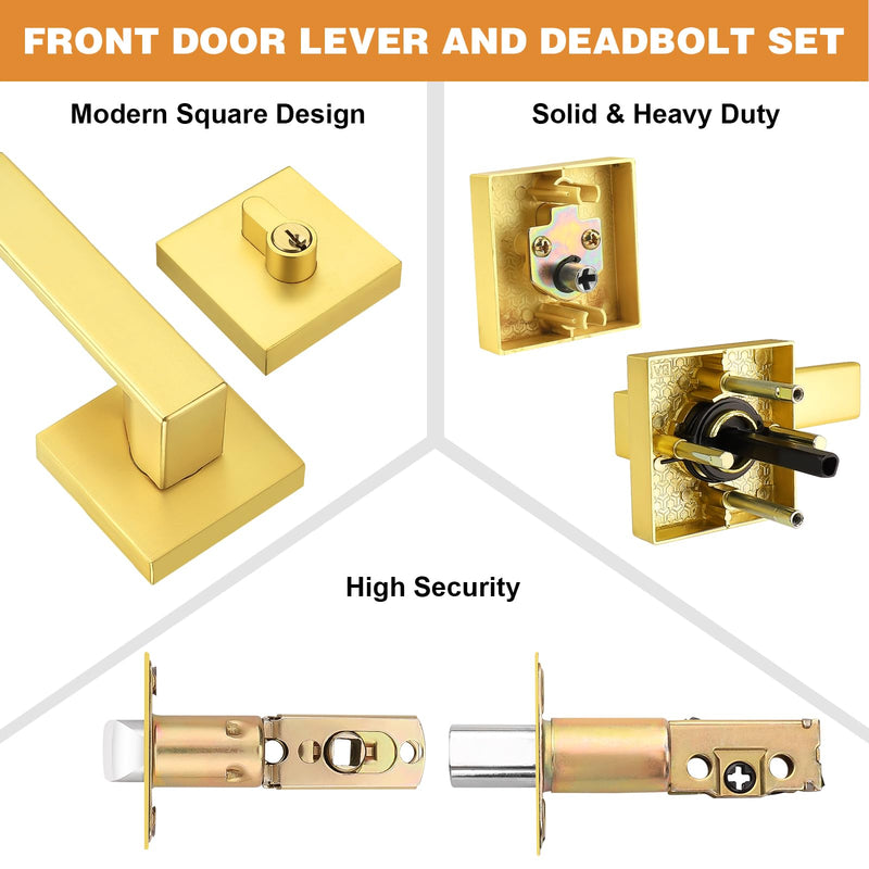 Probrico Keyed Alike Brushed Gold Exterior Door Locksets Square, Satin Brass Front Door Passage Handle and Single Cylinder Deadbolt Set, 1Pack 1