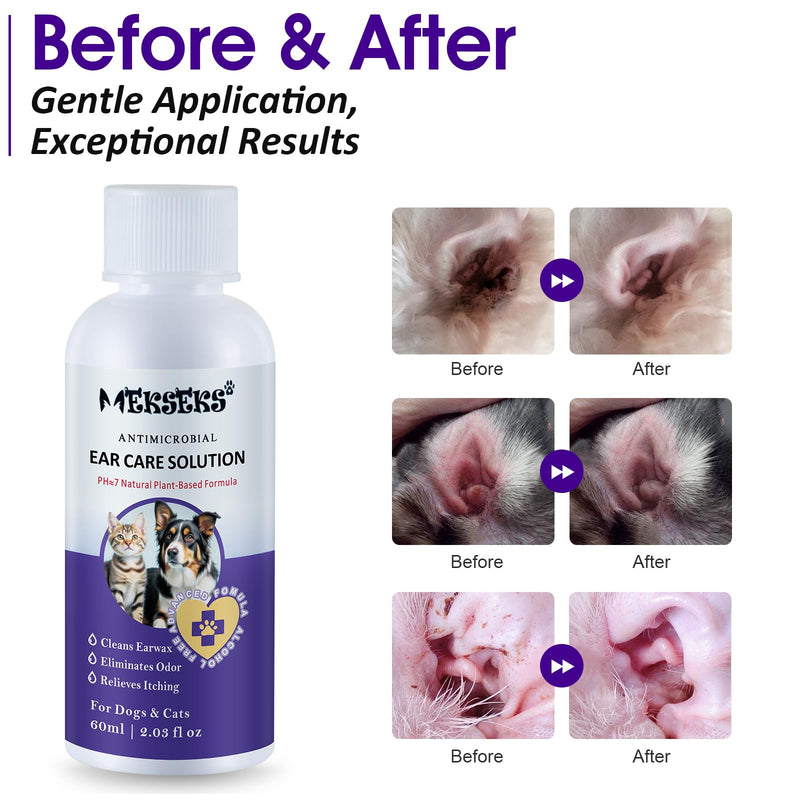 Dog Ear Cleansing Solution Ear Infection Treatment Drops for Dogs Cats Ear Cleaner Wash, Relieves Itchy Ears Redness, Removes Earwax Debris Odor, Gentle Natural 2.03 fl oz