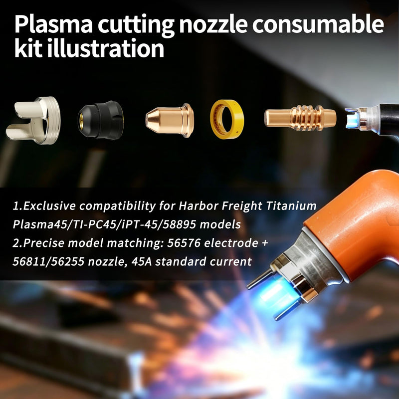 Plasma Cutter Consumables 10Pcs 56576 Electrode 10Pcs 56811 Nozzle Tip 45A Kit for Harbor Freight Titanium 45 Cutter IPT-45 Plasma Cutting Torch Nozzles Electrodes Cups Kits (20PK Tips Kits) 10pcs 56576+10pcs 56811