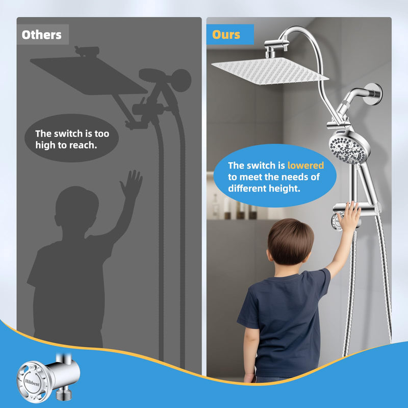 Hibbent All Metal Shower Diverter with Showerhead Holder, Easy Reach 4 Way Diverter with Pause Mode, 13.5" Stainless Steel Slide Bar, 4-Setting Replacement for Handheld & Fixed Shower, Chrome