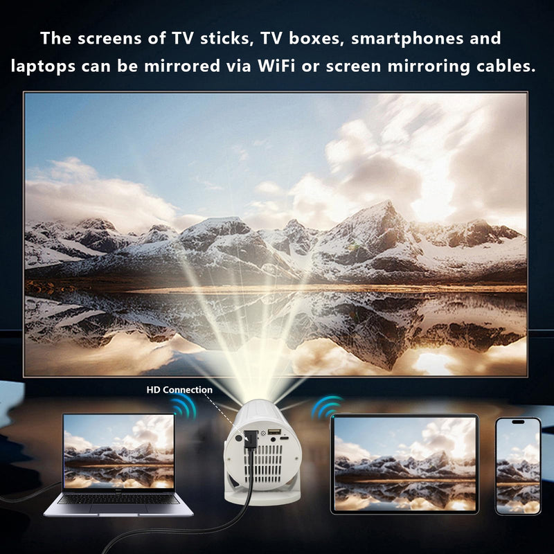 Mini Projector with WIFI, 4K Support Portable Projector 180° Rotatable.Full HD 1080P Outdoor Projector 17"-130" Screen Movie Projector. Compatible for Smartphone, Laptop, TV Stick,USB(No App) R8-White