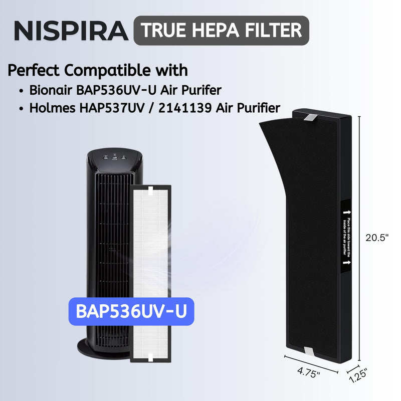Nispira 1 Set 182550 Filter Replacement Compatible with Bionaire BAP536UV-U Holmes HAP537UV / 2141139 Air Purifier, 1 HEPA 4 Pre filters