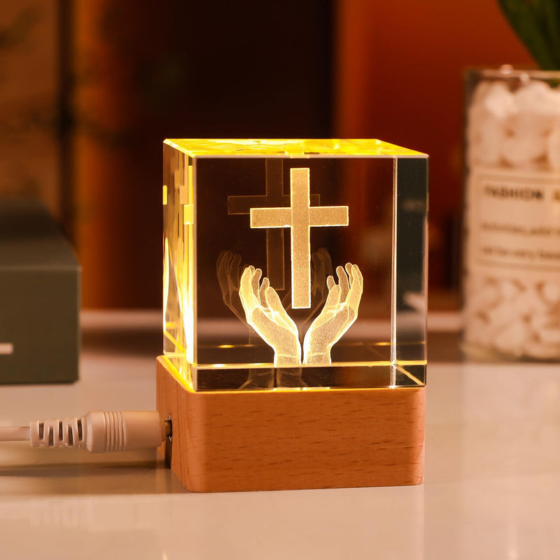 LONGWIN 3D Crystal Praying Hands Christian Gifts for Women Men, Glass Laser Engrave Jesus Cross Figurine 50mm Cube Led Night Light, Religious Gifts