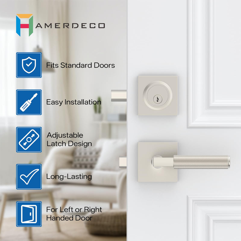 Amerdeco Front Door Lock Set with Double Cylinder Deadbolt, Exterior Entry Door Lever, Heavy Duty Entry Door Locksets for Left or Right Hand Exterior Door（Brushed Satin Nickel 1 Pack） Brushed Satin Nickel