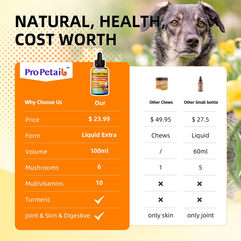 Turkey Tail Mushroom Liquid for Dogs 3000mg Highly Concentrated Extract | Immune Defense, Lipoma & Itch Relief, 17 in 1 Tincture, 5X Organic Mushrooms Blend, Multivitamin & Turmeric, Daily Vitality