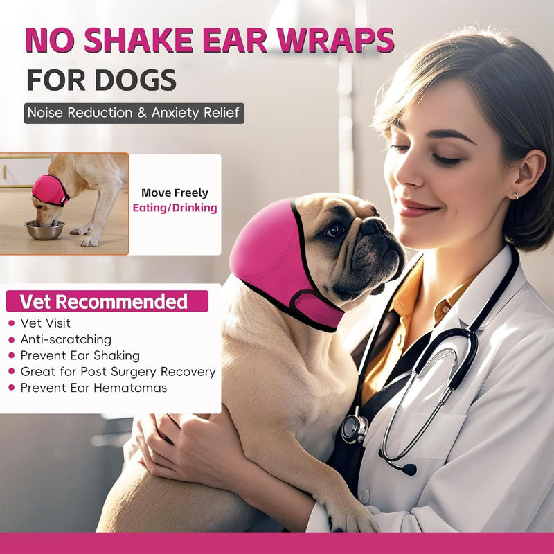 Dog Calming Hoodie Quiet Ear Cover for Noise Protection Anxiety Relief Ear Muffs, No Shake Ear Wraps for Dogs, Waterproof Swim Cap Bath Blow Dry Headband Wraps for Ear Hematoma Groom Fireworks(L,pink) ROSE RED Large(Head Circle:18"-24")