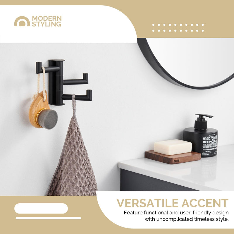 Angle Simple Swivel Towel Hook 3 Arms, SUS 304 Stainless Steel Foldable Bathroom Robe Towel Hook, Wall Coat Holder, Matte Black 1 Pack