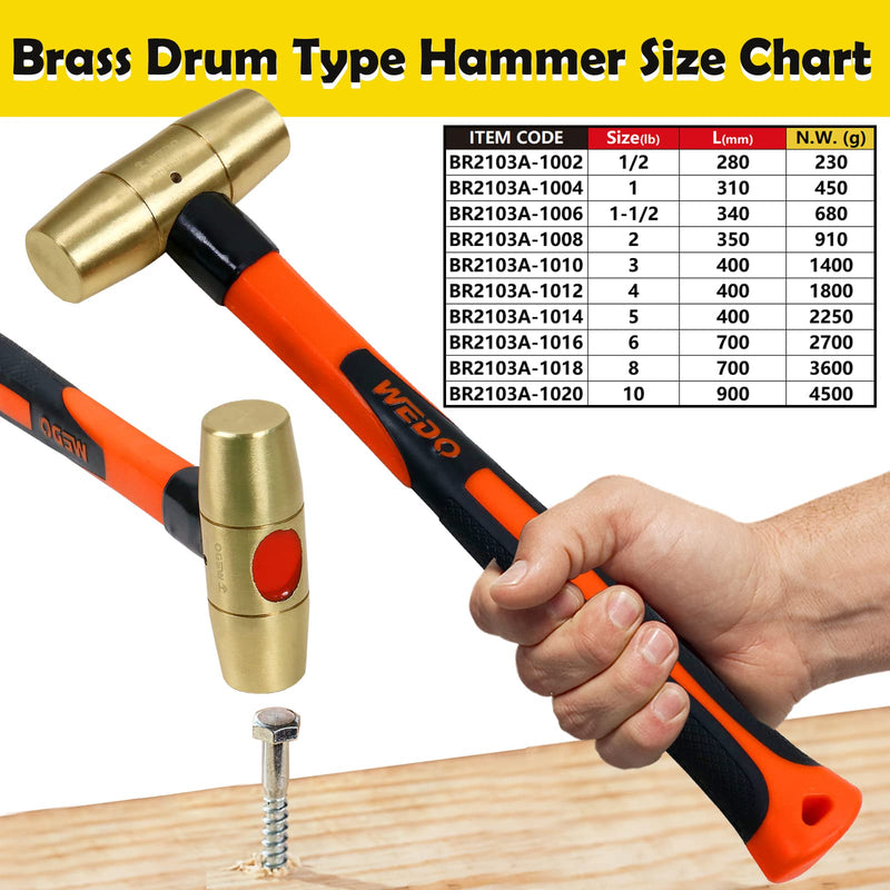 WEDO 16oz Brass Hammer,Solid Brass Mallet Hammer with Fiberglass Handle,Double Faced Head,Length 12"(310mm), Die-Forged, Corrosion Resistant, DIN Standard 1lb