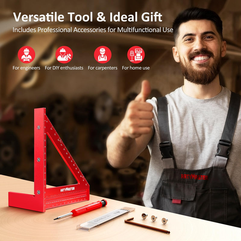 8 inch 3D Multi-Angle Measuring Square Ruler, WT103B High Precision Hole Scribing Woodworking Tools, 0-90° Aluminum Alloy Carpenter Square Wood Working Tools, Carpenter Pencils 6 Refills. 8 inch Square