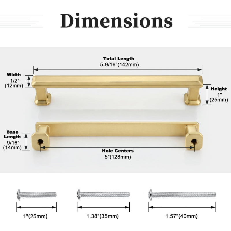 Gobrico 10 Pack 5 Inch (128mm) Hole Center Cabinet Handles, Brushed Gold Kitchen Cabinet Pulls, Brushed Brass Drawer Pulls, Zinc Alloy Solid Cabinet Cupboard Handles, 5-9/16'' Overall Length 5 Inch Hole Center