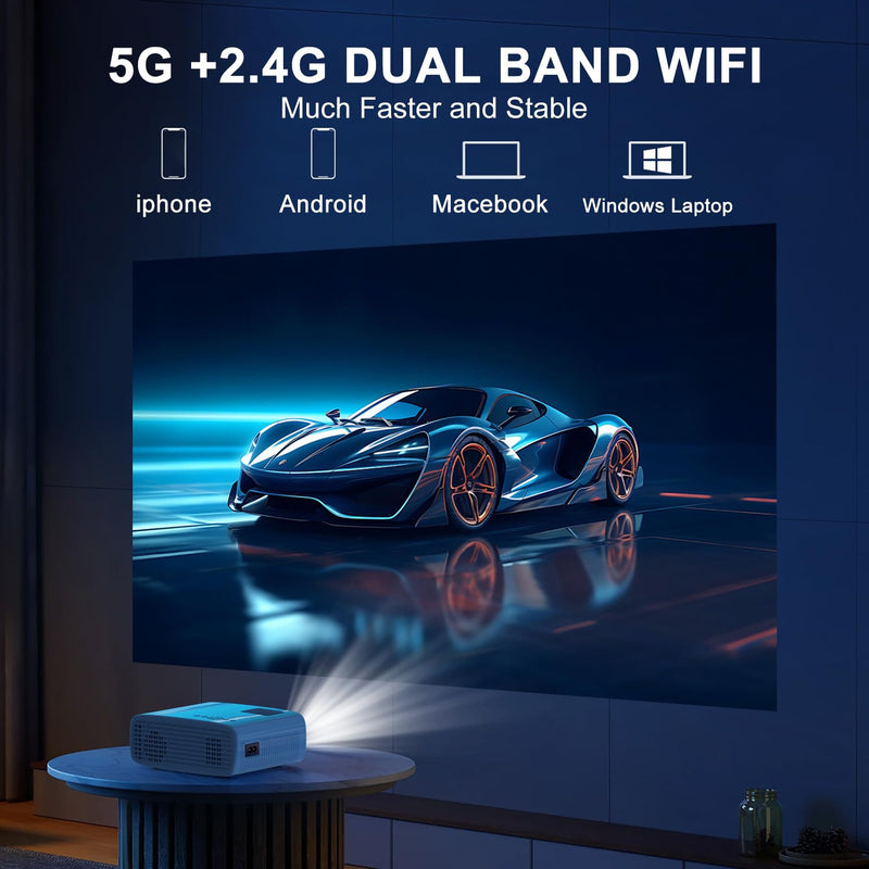 TMY Projector with WiFi and Bluetooth, Native 1080P Mini Projector, Portable Projector wirh 50% Zoom, Compatible with TV Stick/Phone/PC/DVD/HDMI/USB/TF, Movie Projector for Home Bedroom manual focus