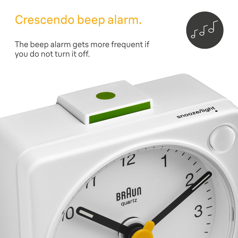 Braun Classic Travel Analogue Alarm Clock with Snooze and Light, Compact Size, Quiet Quartz Movement, Crescendo Beep Alarm in White, Model BC02XW.