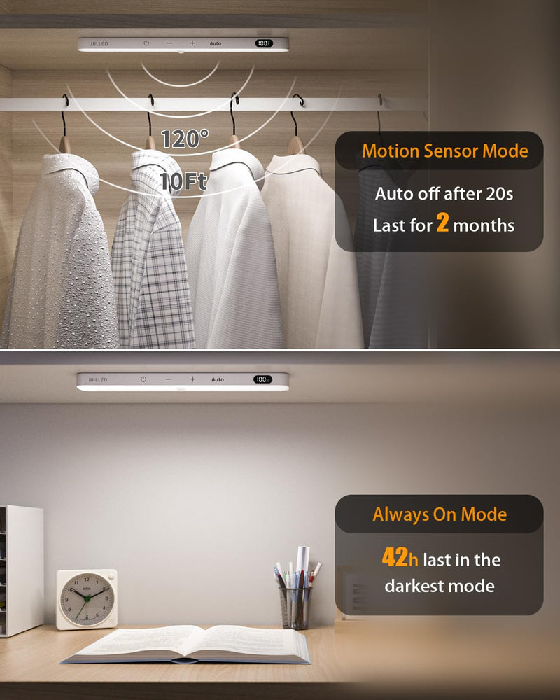 WILLED Under Cabinet Lights Rechargeable, Battery Display, 60 LED Touch Light Bar, Motion Sensor Light Indoor, Battery Operated Closet Light Wireless, Stick on Under Counter Lights for Kitchen(2 Pack) Cool White 6000K 2 Pack