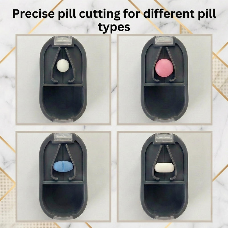 2 Pack Pill Cutter for Small or Large Pills – Professional Medicine Splitter with Clear Cover & V-Grip Centering Device – Accurate 1/2 & 1/4 Cuts for Oval & Round Tablets (Gray & Brown)