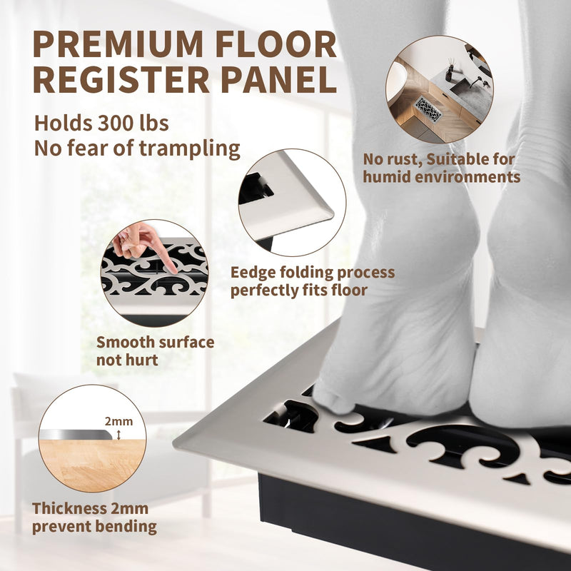 4x10 Inches Air Floor Vents Register Ease Adjust Air Flow Savannah Design-Heavy Duty Walkable Steel Decorative Floor Vent for Room- Satin Nickel Floor Vent Covers 4x10 Inches