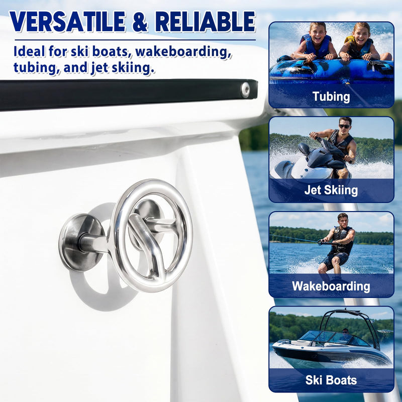 2 Pack Transom Mount Ski Tow Hooks 316 Stainless Steel Marine Grade Corrosion Resistant for Water Boats Kayaking Surfing Jetski Yachts Sport Hardware Accessories, 2.36 Inches Ring Diameter