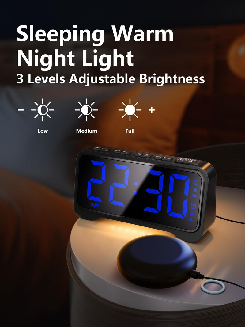 Mesqool Extra-Loud Alarm Clock with Bed Shaker for Heavy Sleepers, Vibrating & Buzzer Modes, Dual Alarms, USB Charging, Snooze & Battery Backup for Adults, Teens, Seniors Blue Digits With Bed Shaker