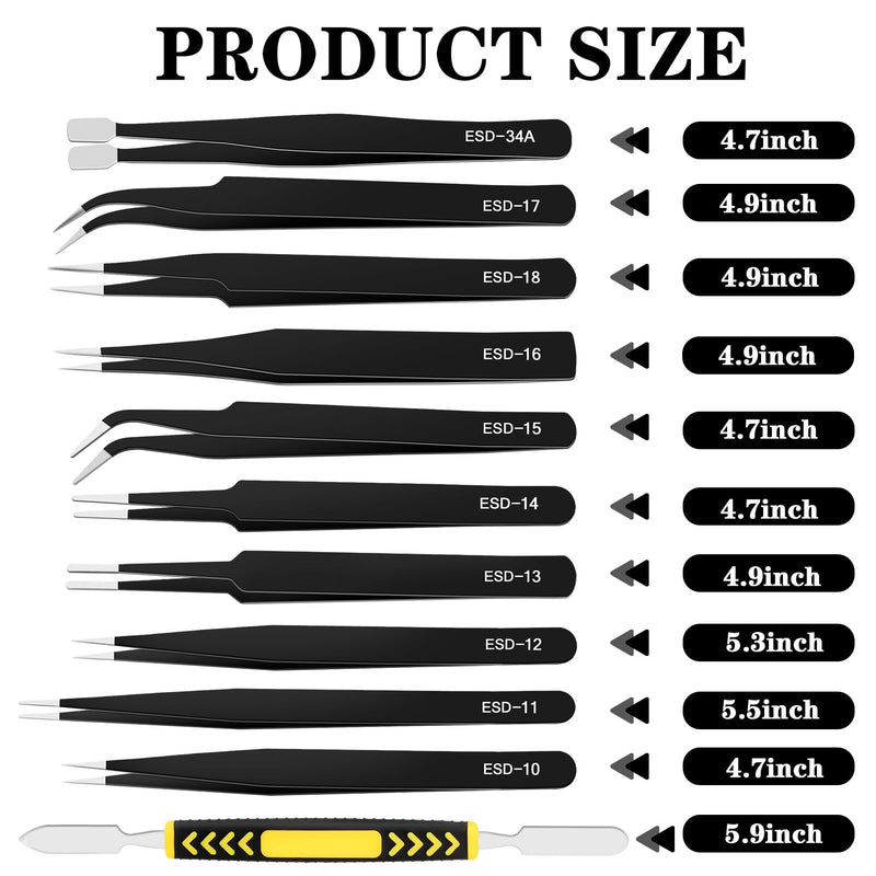 11 PCS Precision Tweezers Set, ESD Tweezers Set, Premium Craft Tweezers Kit, Anti-Static Stainless Steel Tweezers with Tweezer Storage Bag for Lab, Electronics, Jewelry, Laboratory Work, DIY